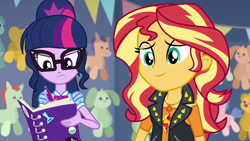 Size: 1920x1080 | Tagged: safe, screencap, sci-twi, sunset shimmer, twilight sparkle, better together, equestria girls, rollercoaster of friendship, animation error, geode of empathy, geode of telekinesis, glasses, magical geodes