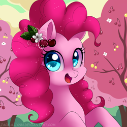 Size: 2222x2222 | Tagged: safe, artist:jacky-bunny, pinkie pie, earth pony, pony, cherry orchard, cute, diapinkes, hair accessory, open mouth, solo