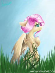 Size: 3240x4320 | Tagged: safe, artist:lakoum, fluttershy, pegasus, pony, alternate hairstyle, bipedal, grass, hoof on chest, pixiv, profile, solo, spread wings, wings