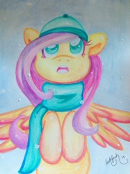 Size: 1280x1707 | Tagged: safe, artist:abbystarling, fluttershy, pegasus, pony, clothes, hat, scarf, snow, snowfall, solo, traditional art