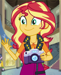 Size: 753x920 | Tagged: safe, screencap, microchips, sunset shimmer, better together, equestria girls, forgotten friendship, camera, cropped, cute, geode of empathy, magical geodes, shimmerbetes, waving