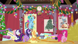 Size: 1280x720 | Tagged: safe, derpibooru import, screencap, applejack, fluttershy, pinkie pie, rainbow dash, rarity, twilight sparkle, twilight sparkle (alicorn), alicorn, earth pony, pegasus, pony, unicorn, the great escape room, christmas, christmas lights, christmas tree, clock, hay, holiday, mane six, present, tree, wreath