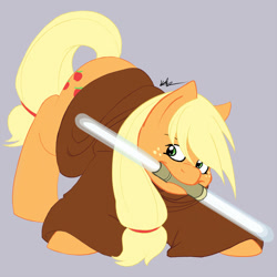 Size: 800x800 | Tagged: safe, artist:katsaurs, applejack, earth pony, pony, clothes, crouching, double lightsaber, female, gray background, hatless, jedi, lightsaber, mare, missing accessory, mouth hold, robe, robes, simple background, solo, star wars, weapon