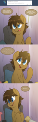 Size: 2000x6300 | Tagged: safe, artist:fluffyxai, derpy hooves, fluttershy, oc, oc only, oc:spirit wind, pegasus, pony, blushing, chair, curtains, cute, food, male, muffin, pillow, smiling, solo, speech bubble, stallion, tumblr, tumblr:ask spirit wind