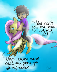 Size: 800x1000 | Tagged: safe, artist:sacred-hedge, fluttershy, human, pegasus, pony, female, humans riding ponies, mare