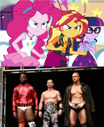 Size: 822x1004 | Tagged: safe, edit, screencap, pinkie pie, sunset shimmer, twilight sparkle, moose, better together, equestria girls, rollercoaster of friendship, angry, austin aries, impact wrestling, killer kross, magical geodes