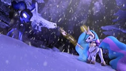 Size: 1920x1080 | Tagged: safe, artist:canterlotsravenua, princess celestia, princess luna, alicorn, pony, 3d, armor, axe, confrontation, fight, forest, helmet, magic, snow, snowfall, source filmmaker, sword, telekinesis, weapon, winter