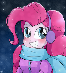 Size: 960x1056 | Tagged: safe, artist:riouku, pinkie pie, human, equestria girls, clothes, coat, cute, diapinkes, earmuffs, humanized, scarf, snow, snowfall, solo, winter