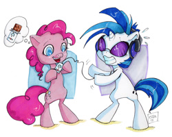 Size: 900x720 | Tagged: safe, artist:ellisarts, dj pon-3, pinkie pie, vinyl scratch, pony, bipedal, candy, headphones, mp3 player, thought bubble