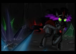 Size: 1200x862 | Tagged: safe, artist:smilydon, derpibooru import, king sombra, pony, unicorn, alicorn amulet, armor, cave, crystal, dark, dark magic, glowing eyes, magic, solo, sombra eyes