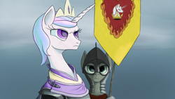 Size: 2870x1614 | Tagged: safe, artist:aaronmk, princess celestia, alicorn, pony, alternate hairstyle, armor, banner, game of thrones