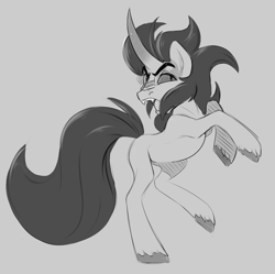 Size: 840x838 | Tagged: dead source, safe, artist:sb, derpibooru import, king sombra, pony, unicorn, curved horn, monochrome, rearing, solo