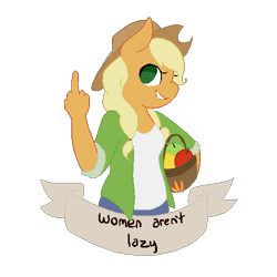 Size: 500x500 | Tagged: safe, artist:superdeathsquad, applejack, anthro, apple, aside glance, basket, female, feminist ponies, food, grin, looking at you, middle finger, mouthpiece, no pupils, sideways glance, simple background, smiling, solo, subversive kawaii, transparent background, vulgar