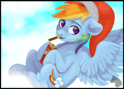 Size: 1024x732 | Tagged: safe, artist:jazzwolf347, derpibooru import, rainbow dash, pegasus, pony, backwards cutie mark, biting, box, christmas, cloud, cute, dashabetes, food, hat, holiday, looking at you, pocky, santa hat, sitting, sitting on cloud, solo, wings