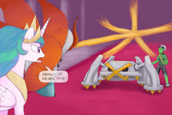 Size: 1280x854 | Tagged: safe, artist:unsavorydom, princess celestia, oc, oc:anon, human, fire, fire blast, metagross, pokémon, pokémon battle, shiny pokémon, speech bubble, volcarona