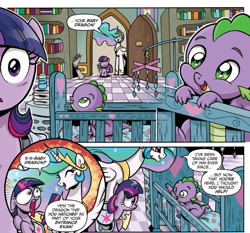 Size: 1363x1270 | Tagged: safe, artist:brendahickey, idw, princess celestia, spike, twilight sparkle, alicorn, dragon, pony, spoiler:comic, spoiler:comic40, baby spike, crib, filly, filly twilight sparkle