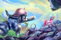 Size: 1700x1100 | Tagged: safe, artist:viwrastupr, maud pie, pinkie pie, earth pony, pony, maud pie (episode), pickelhaube, scene interpretation, unshorn fetlocks