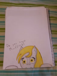 Size: 3072x4071 | Tagged: safe, artist:juani236, derpy hooves, pegasus, pony, book, fourth wall, happy, irl, looking at you, photo, solo, traditional art