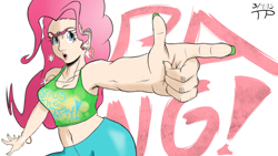 Size: 1920x1080 | Tagged: safe, artist:thethunderpony, pinkie pie, human, armpits, bang, bracelet, clothes, dog tags, earring, finger gun, fingernails, foreshortening, hand, humanized, nail polish, open mouth, pants, piercing, solo, tanktop