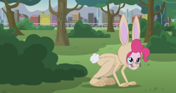 Size: 1366x727 | Tagged: safe, derpibooru import, screencap, pinkie pie, rainbow dash, rabbit, equestria girls, friendship games, pinkie spy (short), bunny pie, bush, clothes, costume, crouching, disguise, teeth, wat