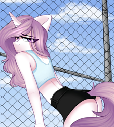 Size: 1134x1260 | Tagged: safe, artist:rinteen, derpibooru import, fleur-de-lis, anthro, unicorn, ass, clothes, cloud, digital art, eye clipping through hair, female, fleur-de-rriere, lidded eyes, looking at you, looking back, looking back at you, mare, midriff, shirt, shorts, sky, solo