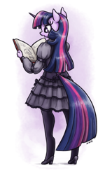 Size: 704x1100 | Tagged: safe, artist:king-kakapo, twilight sparkle, unicorn twilight, anthro, unguligrade anthro, unicorn, book, clothes, dress, female, high heels, mare, pantyhose, reading, rear view, shoes, simple background, solo, stockings, thigh highs, white background