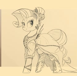 Size: 1280x1270 | Tagged: safe, artist:ncmares, rarity, pony, unicorn, alternate hairstyle, clothes, dress, monochrome, sketch, smiling, solo