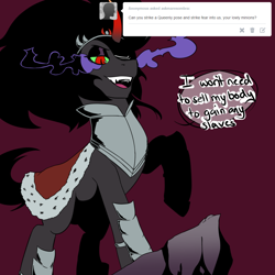 Size: 1000x1000 | Tagged: safe, derpibooru import, king sombra, queen umbra, pony, unicorn, ask, askmaresombra, cliff, dialogue, pose, rule 63, solo, tumblr