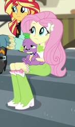 Size: 334x568 | Tagged: safe, screencap, fluttershy, spike, spike the regular dog, sunset shimmer, dog, dance magic, equestria girls, spoiler:eqg specials, boots, clothes, cropped, female, hairpin, male, shoes, skirt, socks