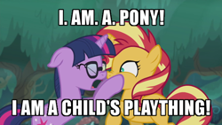 Size: 600x338 | Tagged: safe, edit, edited screencap, screencap, sci-twi, sunset shimmer, twilight sparkle, pony, unicorn, better together, equestria girls, spring breakdown, caption, equestria girls ponified, glasses, meme, nose to nose, ponified, quote, scrunchy face, toy story, unicorn sci-twi