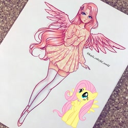 Size: 1221x1221 | Tagged: safe, artist:kirrakashawn, fluttershy, human, pony, clothes, dress, humanized, solo, stockings, thigh highs, traditional art, winged humanization, wings