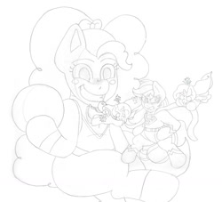 Size: 1592x1444 | Tagged: safe, artist:blackbewhite2k7, applejack, pinkie pie, earth pony, pony, app-el, bomb, commission, crossover, doll, fight, monochrome, parody, pinklestia, superman, toyman, wip