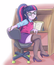 Size: 3248x3896 | Tagged: safe, artist:sumin6301, sci-twi, twilight sparkle, equestria girls, book, bowtie, chair, clothes, crossed legs, desk, glasses, grin, high heels, leggings, looking at you, looking back, pencil, ponytail, shoes, sitting, skirt, smiling, socks, solo, squee, stockings, tennis ball, thigh highs, zettai ryouiki