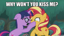 Size: 600x337 | Tagged: safe, edit, edited screencap, screencap, sci-twi, sunset shimmer, twilight sparkle, pony, unicorn, better together, equestria girls, spring breakdown, equestria girls ponified, female, lesbian, meme, ponified, scitwishimmer, shipping, sunsetsparkle, unicorn sci-twi