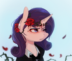 Size: 1172x1000 | Tagged: safe, artist:asianpony, rarity, pony, unicorn, blood, bowtie, clothes, crown of thorns, floral head wreath, flower, rose, solo