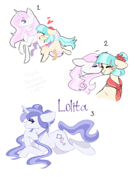 Size: 1226x1605 | Tagged: safe, artist:vovanpetuh, derpibooru import, coco pommel, fleur-de-lis, oc, oc:lolita pommel, pony, unicorn, female, fleur-de-coco, floating heart, heart, kiss on the cheek, kissing, lesbian, magical lesbian spawn, mare, offspring, parent:coco pommel, parent:fleur-de-lis, parents:fleur-de-coco, prone, shipping, simple background, white background