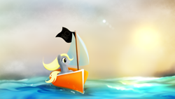 Size: 5120x2880 | Tagged: safe, artist:startledflowerpony, derpy hooves, pegasus, pony, boat, flag, jolly roger, ocean, solo, sun