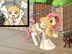 Size: 1920x1440 | Tagged: safe, artist:lumineko, fluttershy, pegasus, pony, ><, clothes, crossover, cute, dialogue, eyes closed, female, hakase, hug, mare, nichijou, open mouth, sakamoto, shyabetes, socks