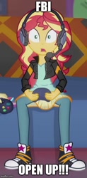 Size: 353x718 | Tagged: safe, edit, edited screencap, screencap, fluttershy, sunset shimmer, better together, equestria girls, game stream, controller, converse, cropped, fbi open up, headphones, headset, shoes, sneakers, sunset gamer, swatting