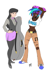 Size: 1500x2118 | Tagged: safe, artist:icey-wicey-1517, artist:mono-phos, dj pon-3, octavia melody, vinyl scratch, human, belly button, belt, bowtie, cello case, clothes, colored, converse, dark skin, duo, female, fingerless gloves, flats, glasses, gloves, grin, headphones, humanized, midriff, panties, pantyhose, shoes, side slit, simple background, skirt, smiling, socks, stockings, thigh highs, thong, torn clothes, torn jeans, transparent background, tube top, underwear