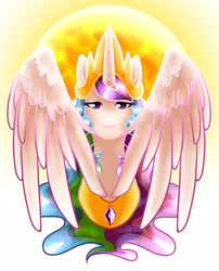 Size: 3550x4400 | Tagged: safe, artist:hanashyma, princess celestia, alicorn, pony, bust, looking at you, portrait, solo, spread wings, sun