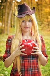 Size: 677x1024 | Tagged: safe, artist:kawaielli, applejack, human, apple, cosplay, irl, irl human, photo