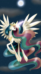 Size: 2204x3920 | Tagged: safe, artist:hanashyma, princess celestia, alicorn, pony, flying, moon, night, solo