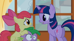 Size: 1054x592 | Tagged: safe, derpibooru import, screencap, apple bloom, spike, twilight sparkle, dragon, bridle gossip, butt, plot