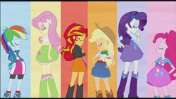 Size: 1280x720 | Tagged: safe, screencap, applejack, fluttershy, pinkie pie, rainbow dash, rarity, sunset shimmer, equestria girls, rainbow rocks, applejack's hat, clothes, cowboy hat, eyes closed, hat, shine like rainbows, stetson