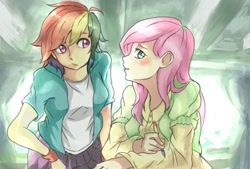 Size: 1748x1181 | Tagged: safe, artist:magiace, derpibooru import, fluttershy, rainbow dash, human, blushing, clothes, female, flutterdash, humanized, lesbian, pixiv, shipping