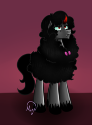 Size: 550x750 | Tagged: safe, artist:lethalauroramage, derpibooru import, king sombra, pony, sheep, unicorn, bow, fangs, frown, solo, species swap