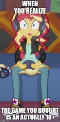 Size: 353x718 | Tagged: safe, edit, edited screencap, screencap, sunset shimmer, better together, equestria girls, game stream, controller, converse, cropped, headphones, headset, shoes, sneakers, sunset gamer, whoops