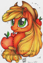 Size: 1120x1632 | Tagged: safe, artist:jennyshevchenko, artist:kattvalk, applejack, earth pony, pony, apple, bust, chest fluff, colored, ear fluff, marker drawing, solo, traditional art, watermark