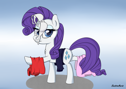 Size: 4960x3507 | Tagged: safe, artist:sentireaeris, rarity, pony, unicorn, clothes, clothes horse, frown, pun, raised leg, solo